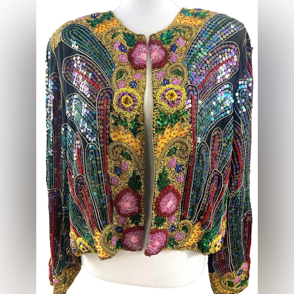 Scala Vintage Silk Sequin Beaded Embroidered Matador Bolero Jacket Colorful Boho - Picture 3 of 12